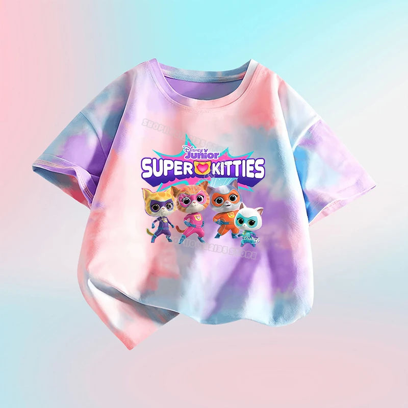 Kawaii Super Kitties Children T-shirt Tops Baby Cute Cat Short Sleeve Casual Clothes Girl Kids Tie Dye Tops Clothing Shirts Gift