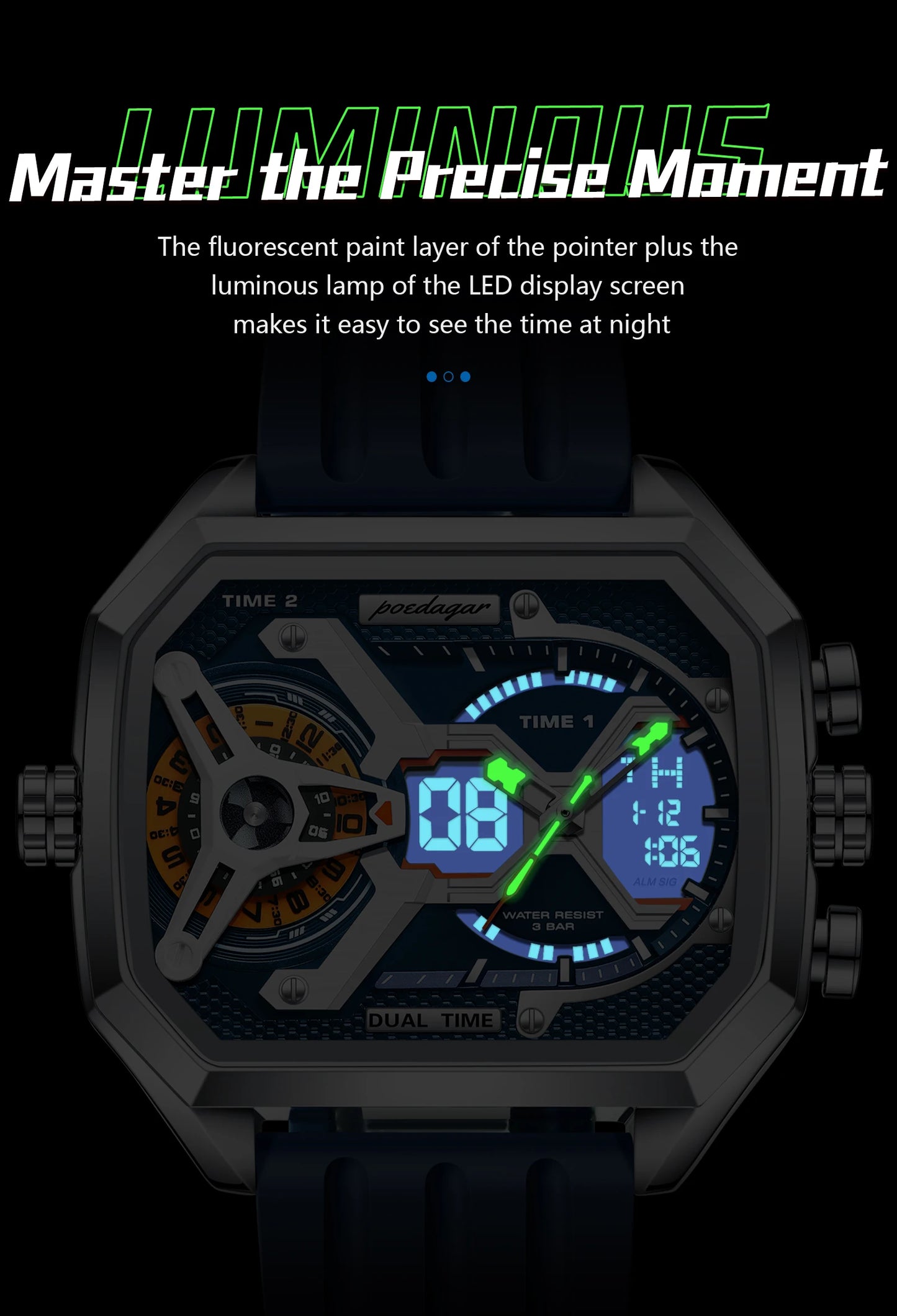 POEDAGAR Top Luxury Men Clock Date Week Luminous LED Man Watch Silicone Strap Electronic Dual Time Fashion Men's Quartz Watches
