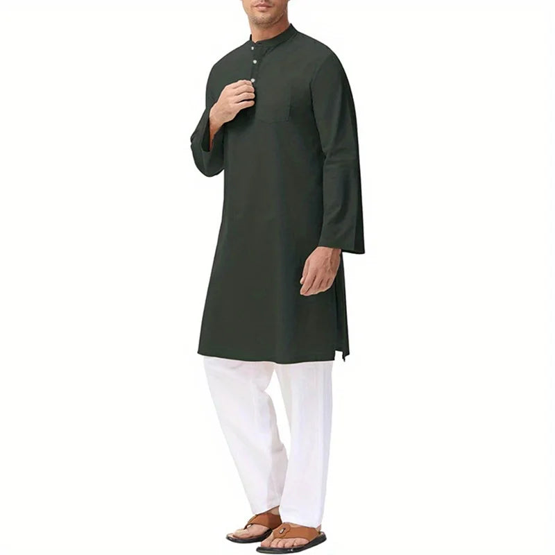 Inheritance of Ethnic Culture! Men's Long-Sleeve Thobe with Side Slits and Buttons, Classic Style of Traditional Ethnic Clothing