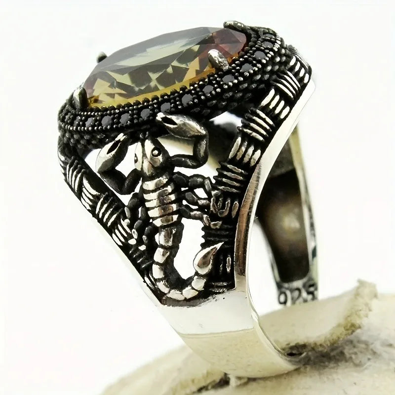 Retro Handmade Turkish Signet Rings For Men Ancient Carved Scorpion Animal Rings Yellow Zircon Inlay Fashion Muslim Jewelry