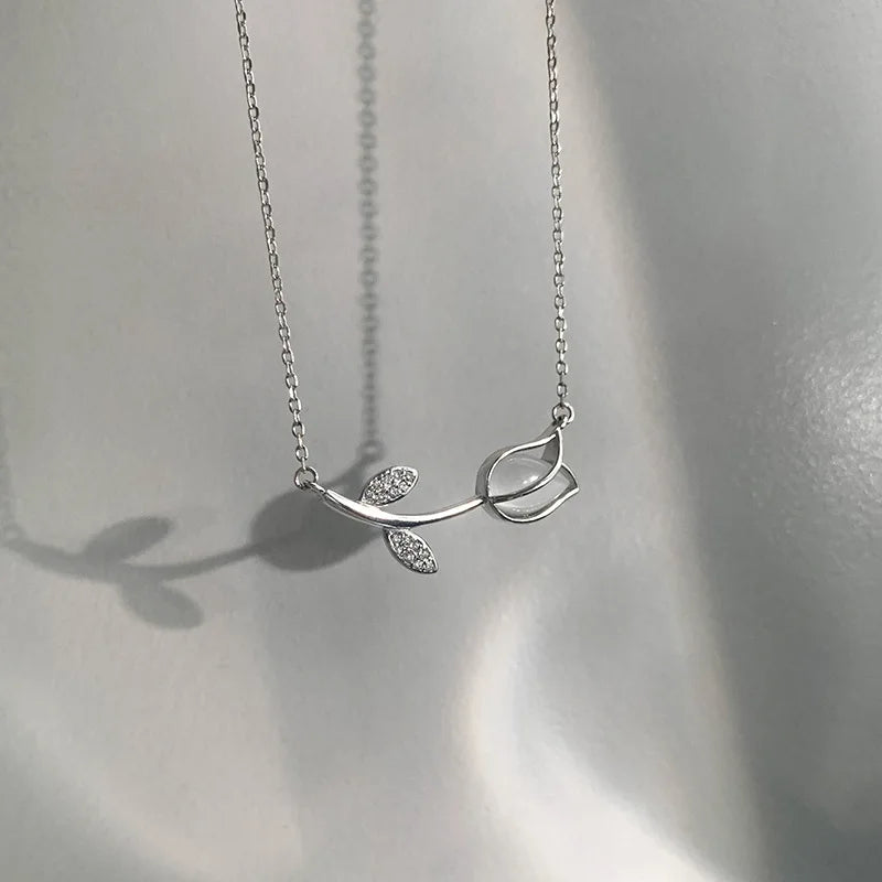 Fashion Elegant Cute Opal Rose Flower Stud Earrings For Women Students Delicate Micro Pave Zircon Necklace Jewelry Set Oorbellen