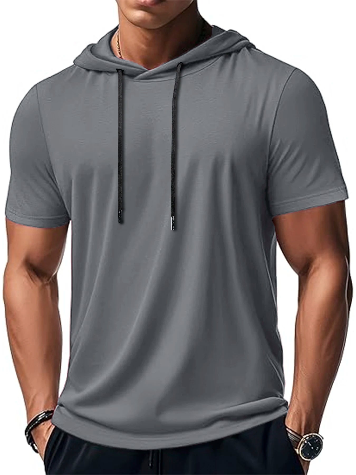 New Mens Short Sleeve Loose T-shirt Multi Solid Color Lightweight Hoodie Fitness Breathable Collar Tops Summer Hooded Sweatwear