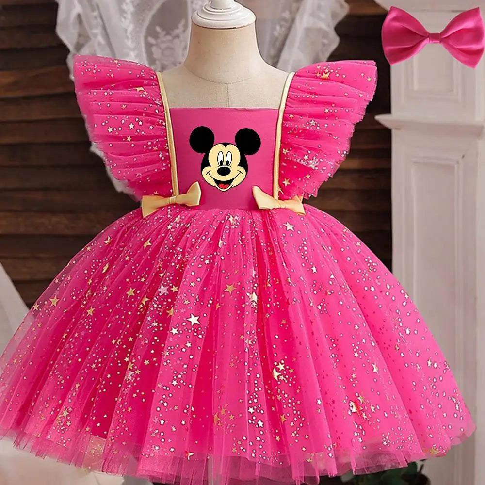 Mickey Minnie Mouse Princess Dress for Girls Sequined Star Ruffle Bow Tutu Baby Formal Gala Prom Gown Kids Evening Party Costume