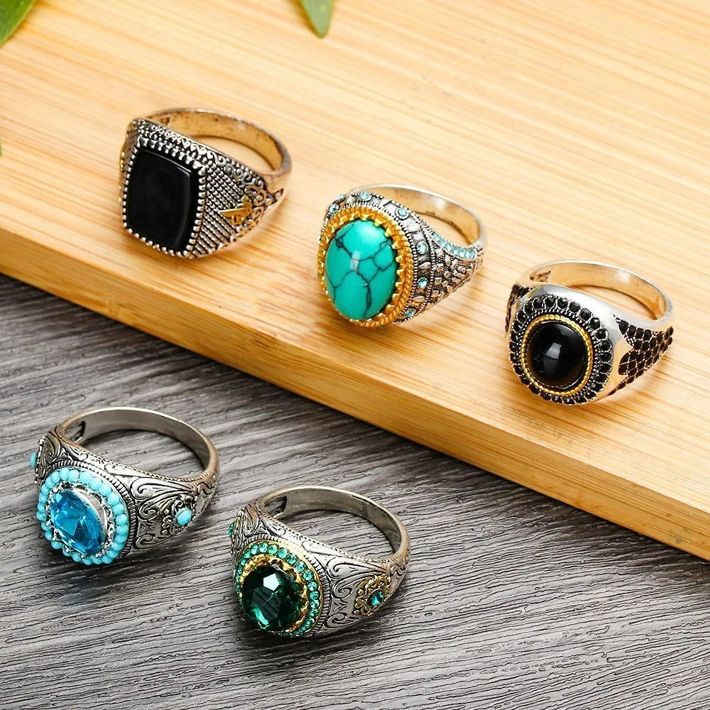 Retro Handmade Turkish Signet Ring Vintage Men's Ancient Metal Turquoise Zircon Rings Men Wedding Party Punk Motor Biker Jewelry