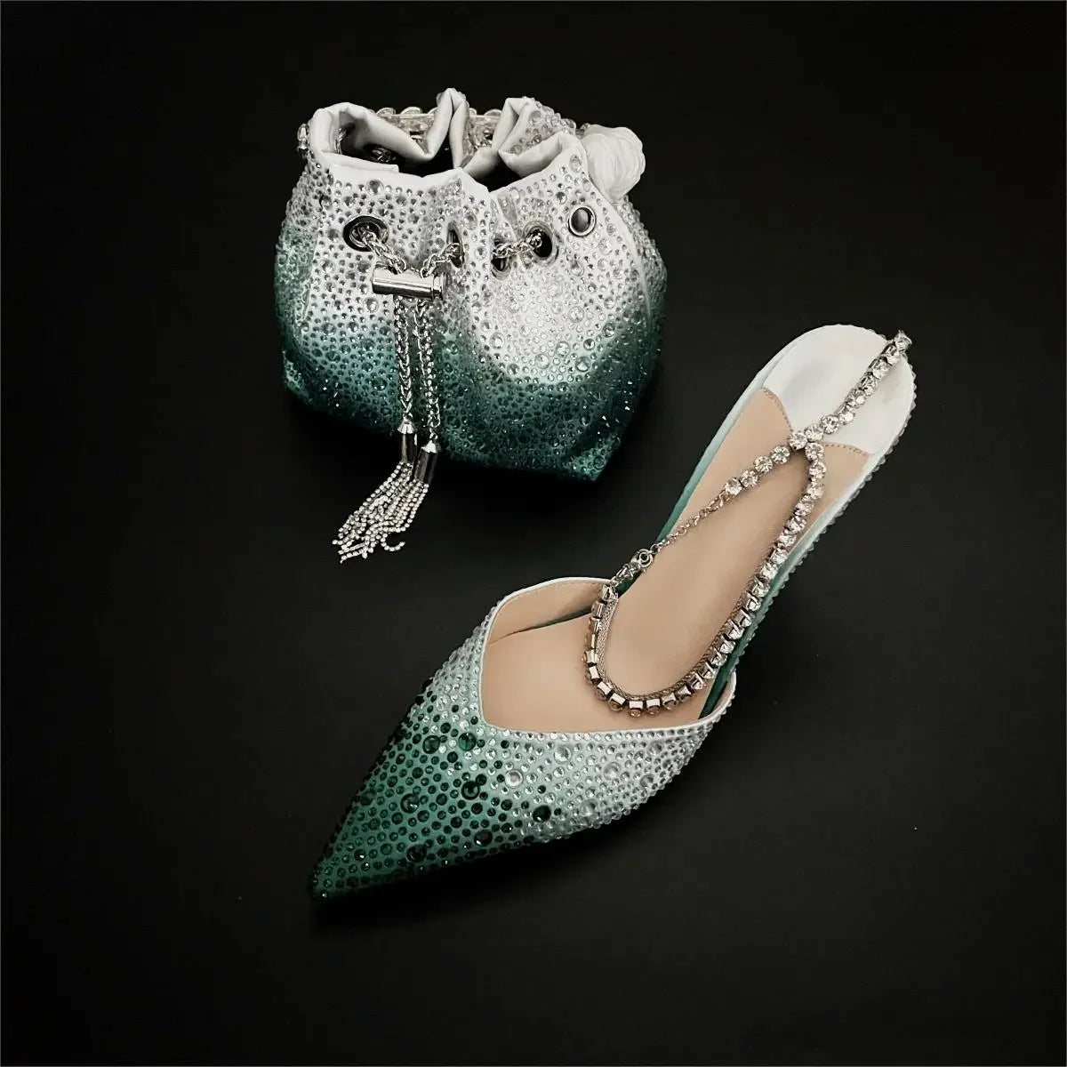 CHMURY Pointed Toe Rhinestone Heels and bag Set for Women Luxury Wedding Party