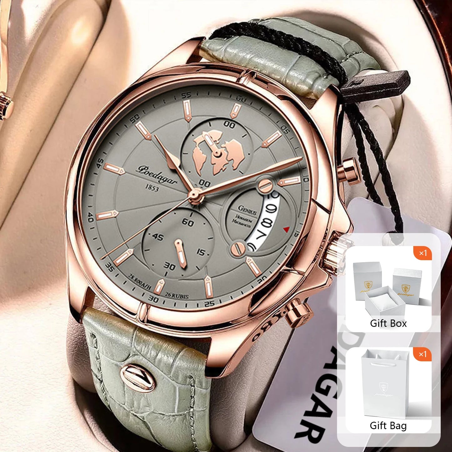 POEDAGAR Luxury Watches For Men Chronograph Date Waterproof Luminous Man Watch Leather Quartz Business Men's Watch with Box Gift