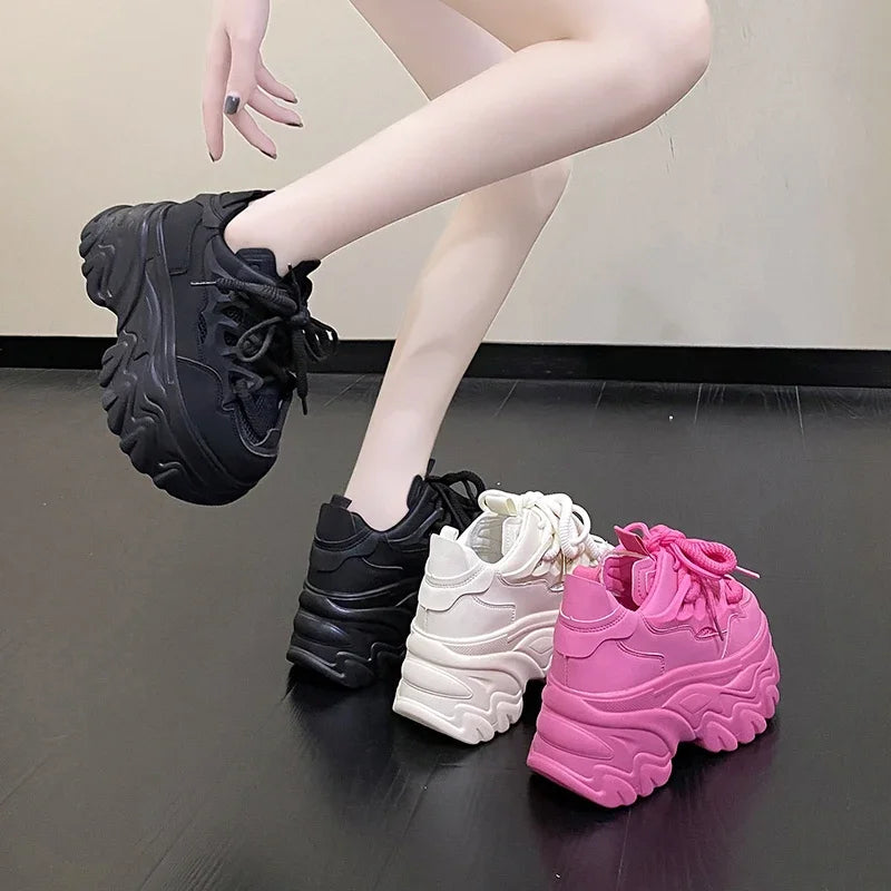 Hidden Heels White Chunky Sneakers Women Breathable Lace Up High Platform Shoes Woman 2025 Autumn Non-Slip Thick Bottom Sneakers