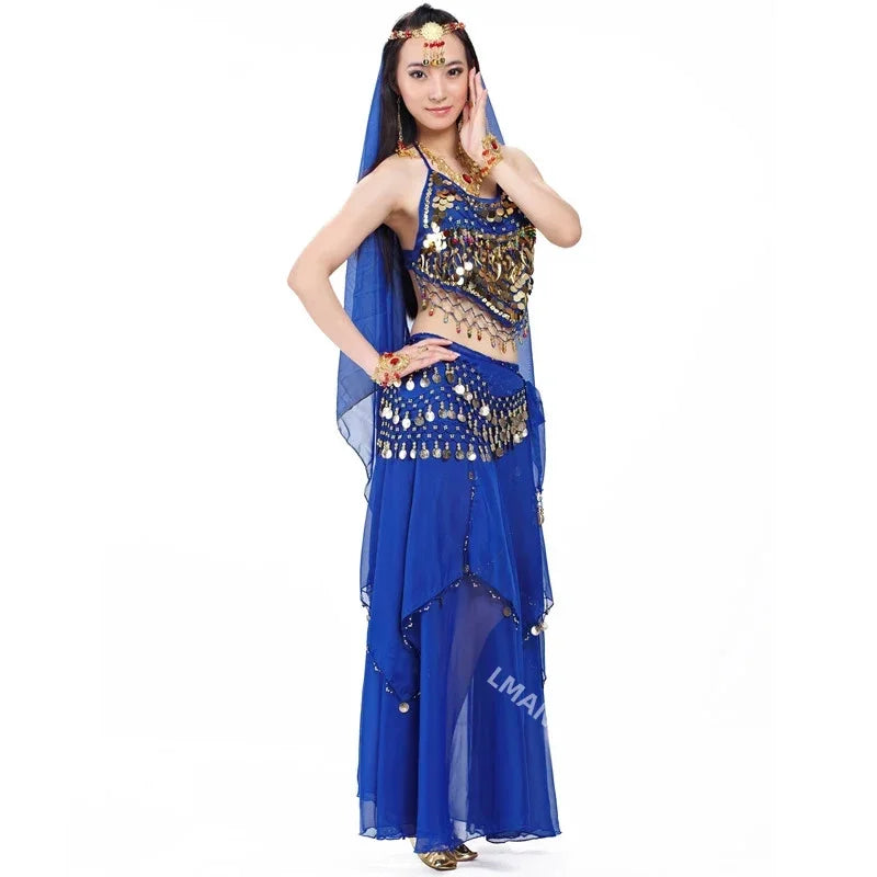 Indian Costume Set 4-pieces Belly Dance Veil Top Coins Hip Scarf Skirt Belly Dance Costume Women