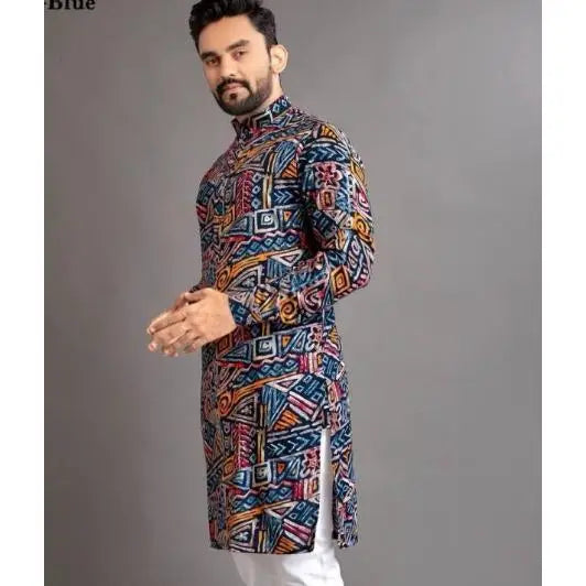 Men Digital Printed Kurta Vardha Regular Fit Mandarin Collar Long Suitable All Occasions Such Wedding Hari Raya Aidilfitri
