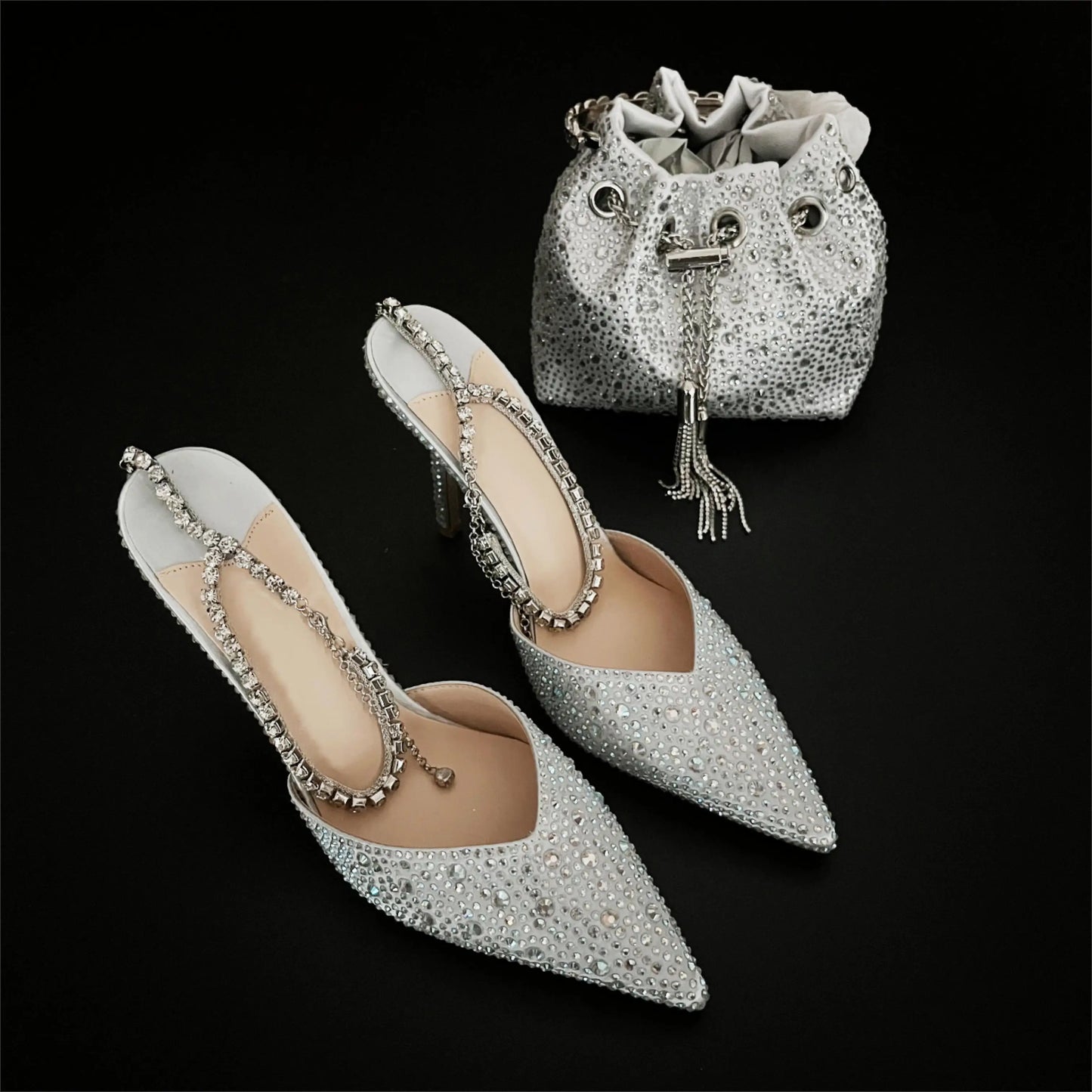 CHMURY Pointed Toe Rhinestone Heels and bag Set for Women Luxury Wedding Party