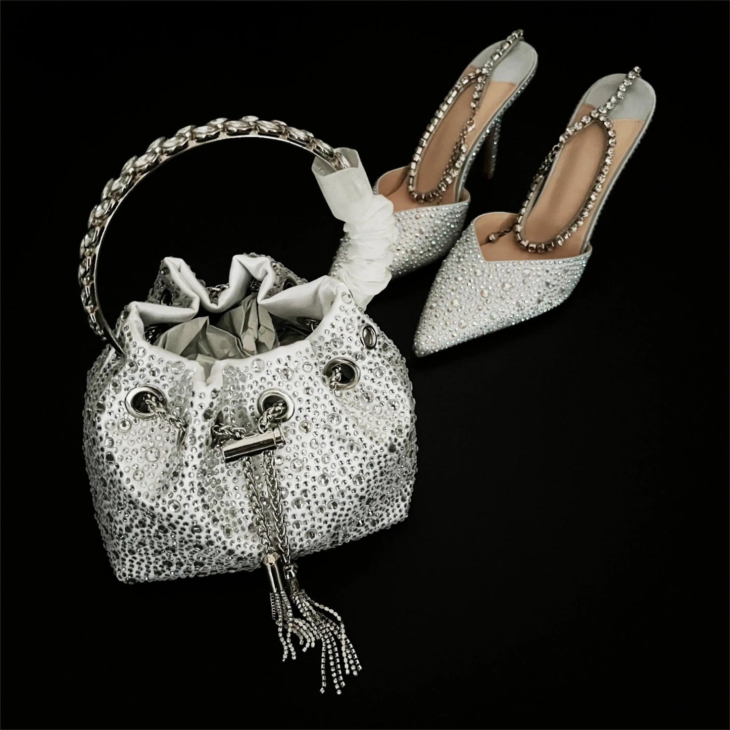 CHMURY Pointed Toe Rhinestone Heels and bag Set for Women Luxury Wedding Party