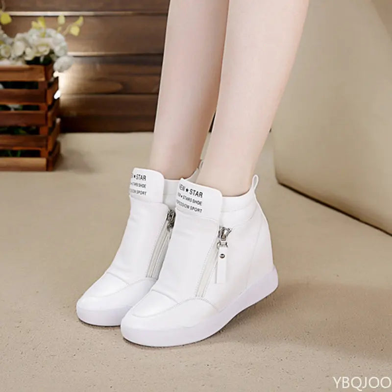 Women Casual Sneakers White PU Platform Shoes Ladies Wedge Sports Shoe Fashion Woman Black Chunky Side Zipper Vulcanized Shoes