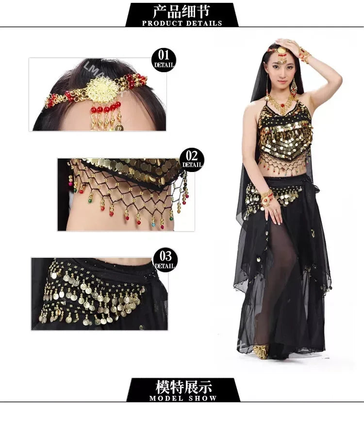 Indian Costume Set 4-pieces Belly Dance Veil Top Coins Hip Scarf Skirt Belly Dance Costume Women