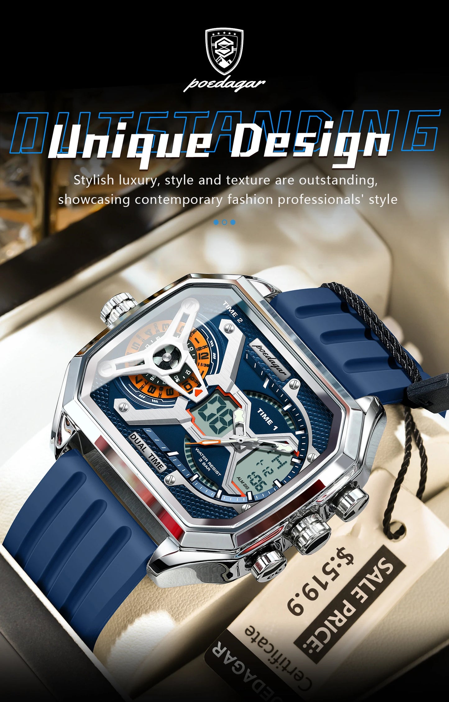 POEDAGAR Top Luxury Men Clock Date Week Luminous LED Man Watch Silicone Strap Electronic Dual Time Fashion Men's Quartz Watches