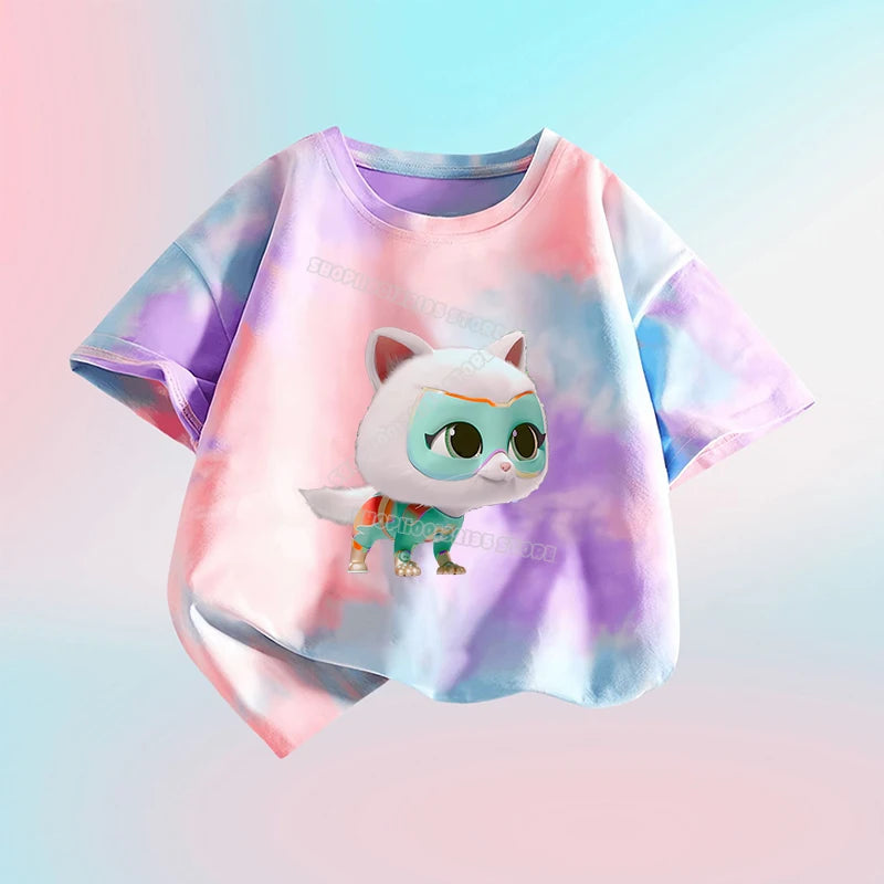 Kawaii Super Kitties Children T-shirt Tops Baby Cute Cat Short Sleeve Casual Clothes Girl Kids Tie Dye Tops Clothing Shirts Gift