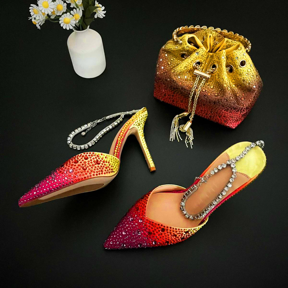 CHMURY Pointed Toe Rhinestone Heels and bag Set for Women Luxury Wedding Party