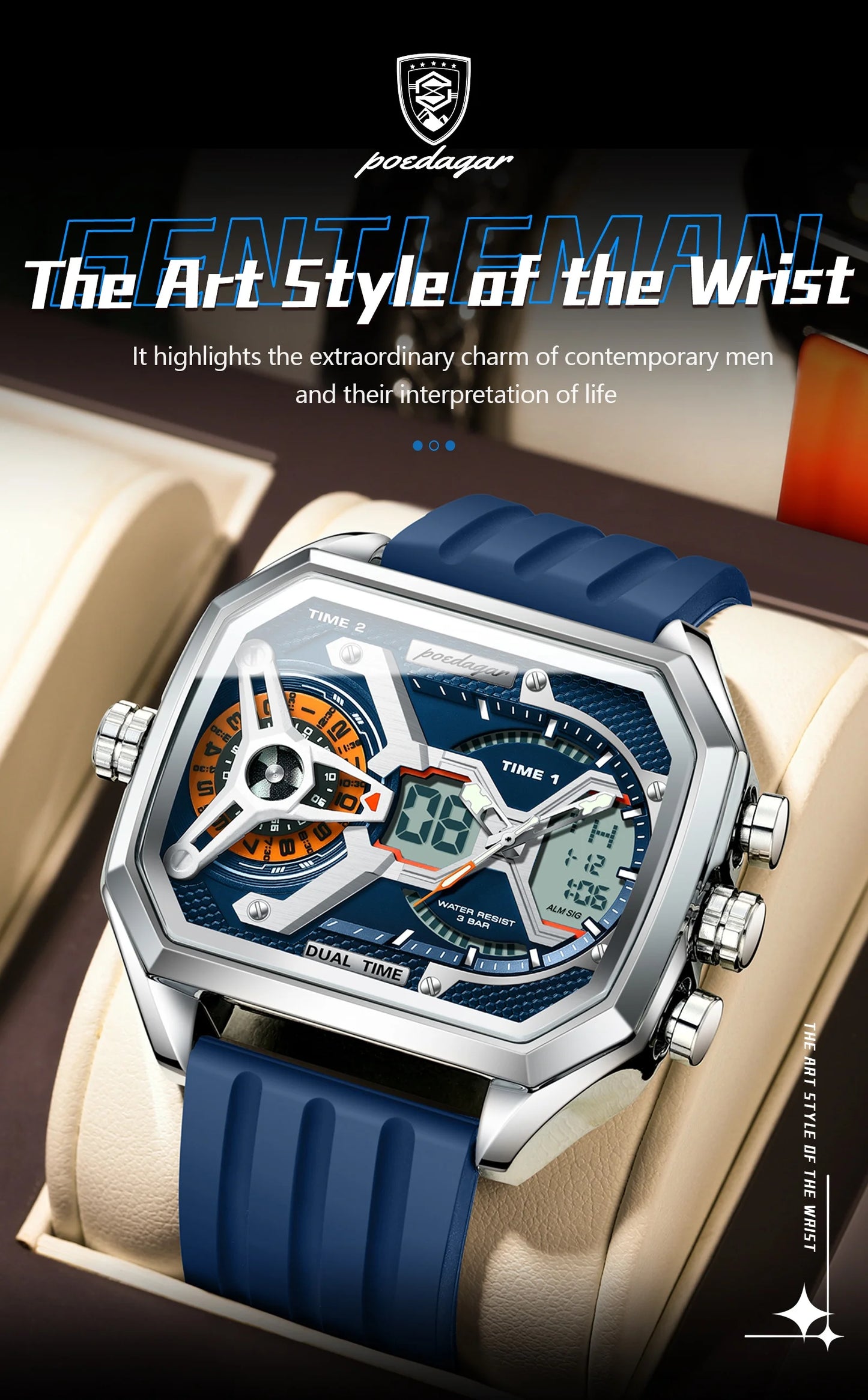 POEDAGAR Top Luxury Men Clock Date Week Luminous LED Man Watch Silicone Strap Electronic Dual Time Fashion Men's Quartz Watches