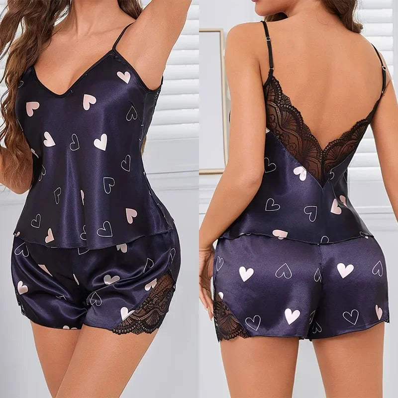 Sexy Suspender Pajamas Set Intimate Lingerie Loose Summer Women Sleepwear Home Clothes Backless Lace Strap Top&shorts Pyjama