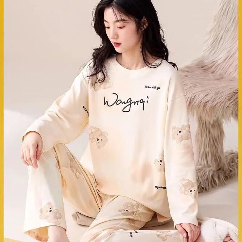 Women's Pajamas Two-Piece Casual Cute Comfortable Sleepwear Homewear Set Tops and Trousers Nightwear Lounge Wear Autumn Winter