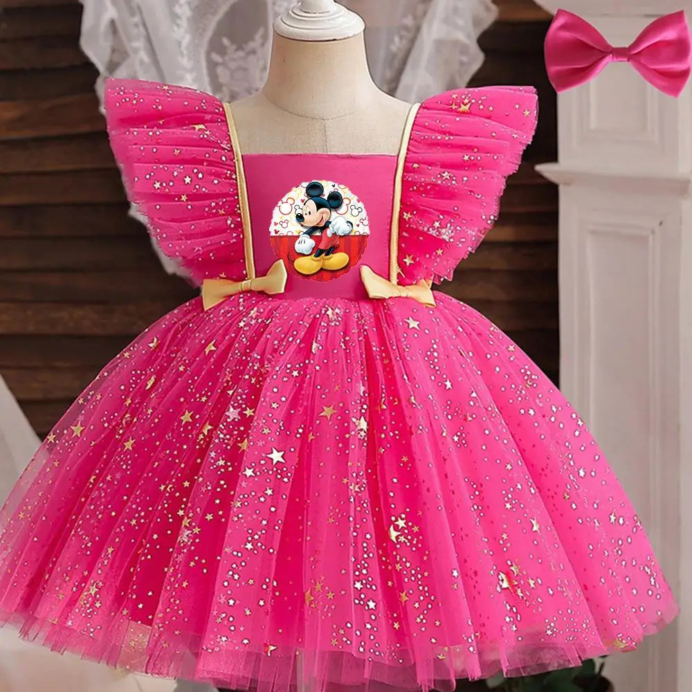 Mickey Minnie Mouse Princess Dress for Girls Sequined Star Ruffle Bow Tutu Baby Formal Gala Prom Gown Kids Evening Party Costume