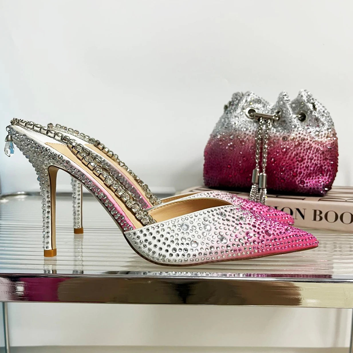 CHMURY Pointed Toe Rhinestone Heels and bag Set for Women Luxury Wedding Party