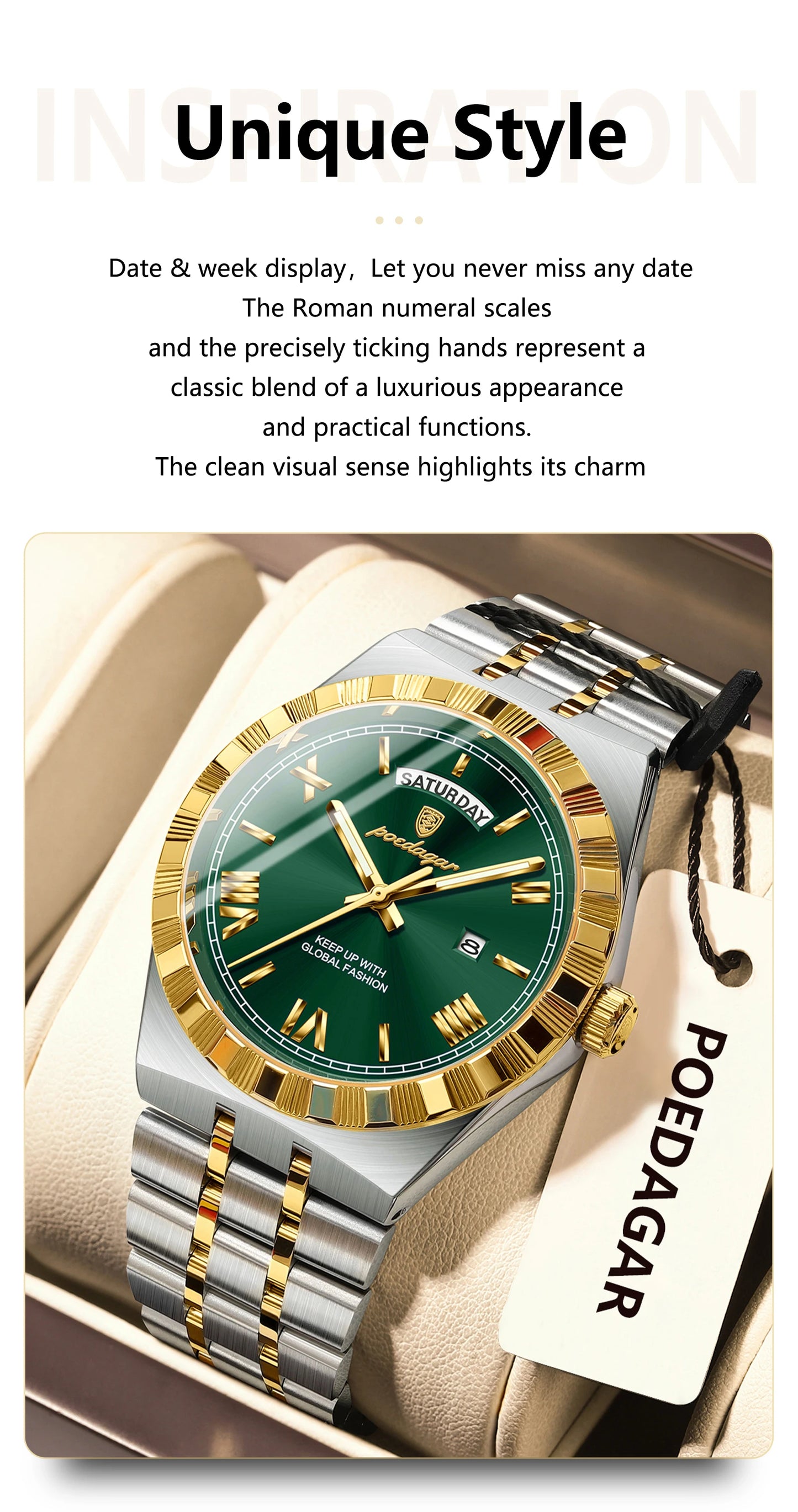 POEDAGAR Original Men's Watch Luminous Waterproof Week Date Man Wristwatch Stainless Steel Business Quartz Watches For Men Reloj