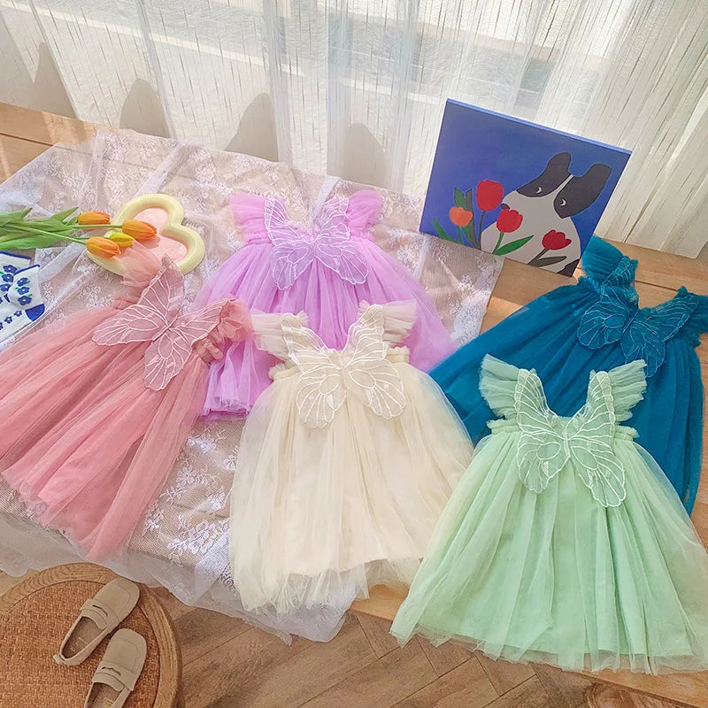 Children's Girl Dresses With Butterfly Wing Fashion Kids Tulle Dress For Girls 2-8Y Summer New Sleeveless Mesh Princess Clothes