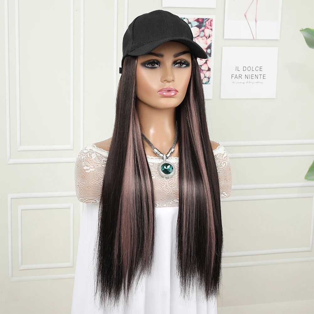 hat wig straight hair Synthetic Long Straight Baseball Cap with Hair Extensions 24 Inch High Quality fiber Adjustable Wig Hat for Women Girls