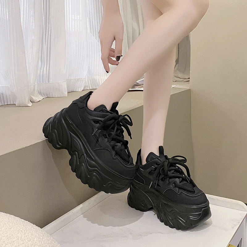 Hidden Heels White Chunky Sneakers Women Breathable Lace Up High Platform Shoes Woman 2025 Autumn Non-Slip Thick Bottom Sneakers