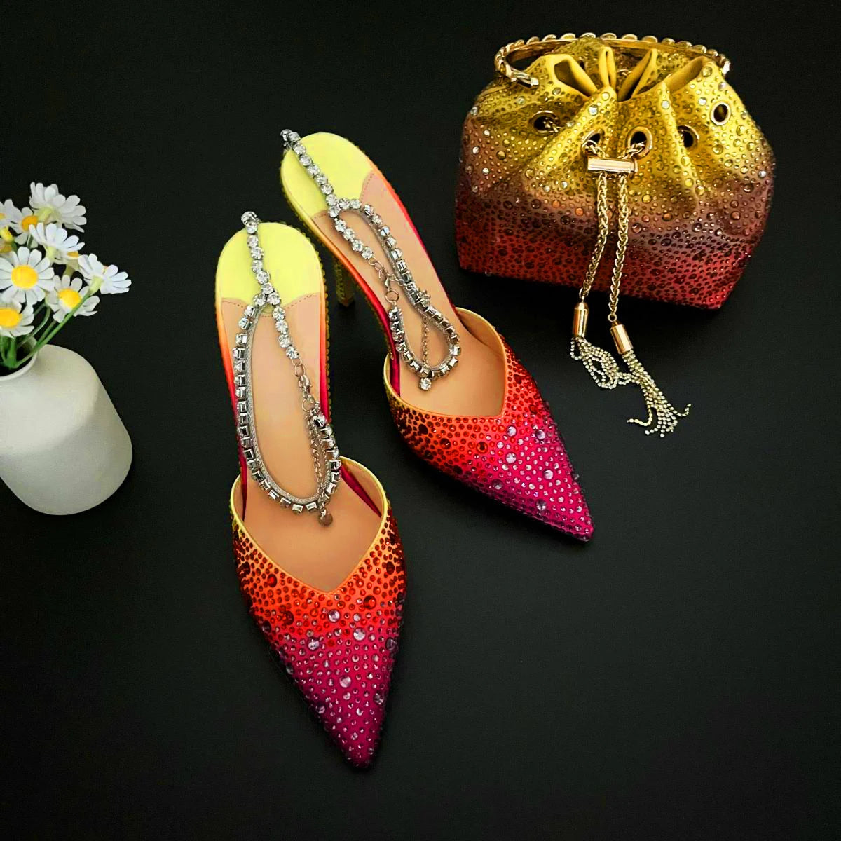 CHMURY Pointed Toe Rhinestone Heels and bag Set for Women Luxury Wedding Party
