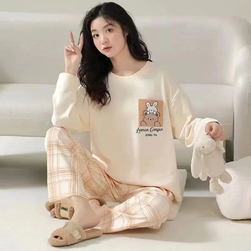 Women's Pajamas Two-Piece Casual Cute Comfortable Sleepwear Homewear Set Tops and Trousers Nightwear Lounge Wear Autumn Winter
