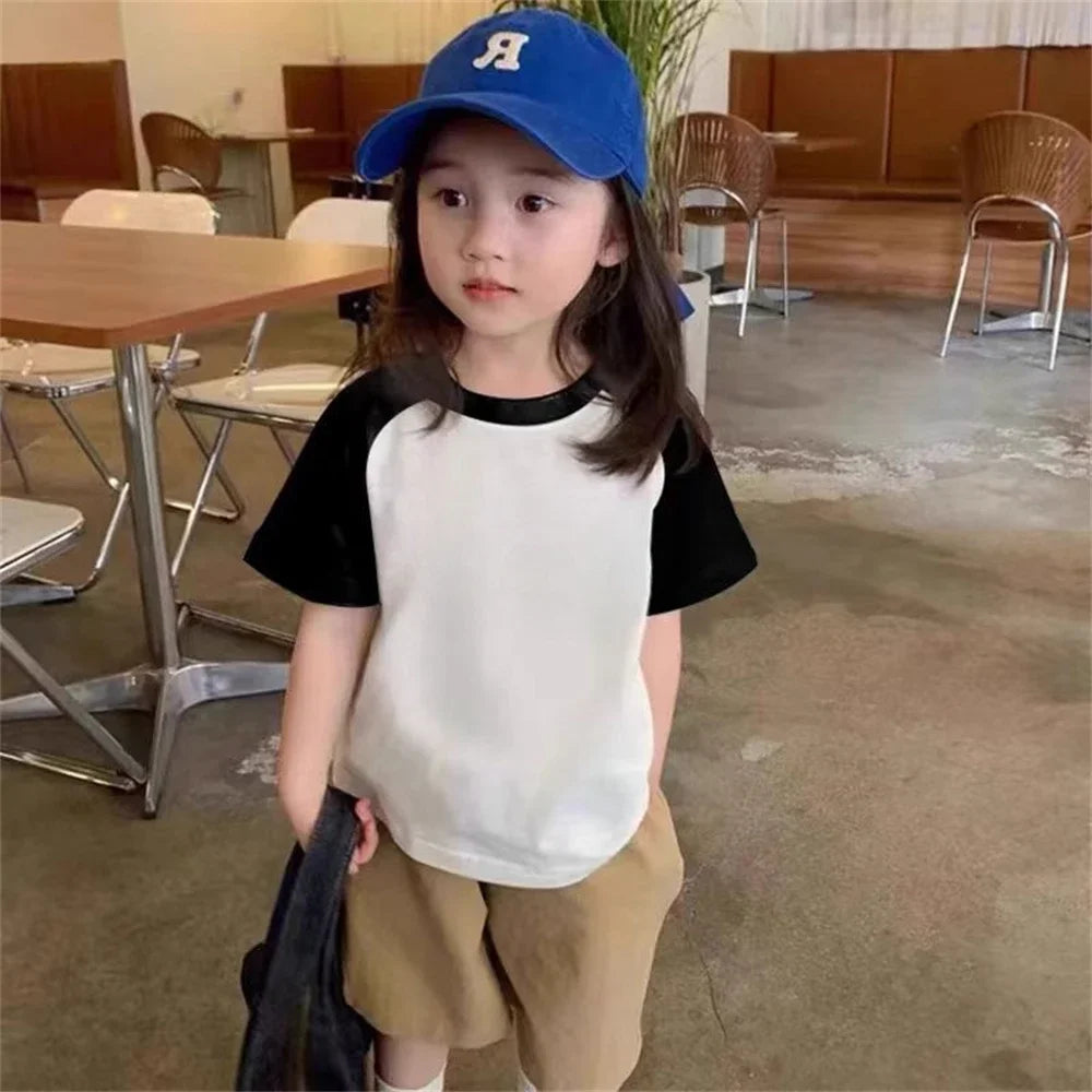 Kids T-shirt Summer Cotton Top Boys Girls Solid Color Blank T-shirt O Neck Round Neck Short Sleeve Pair of White Top T-shirt