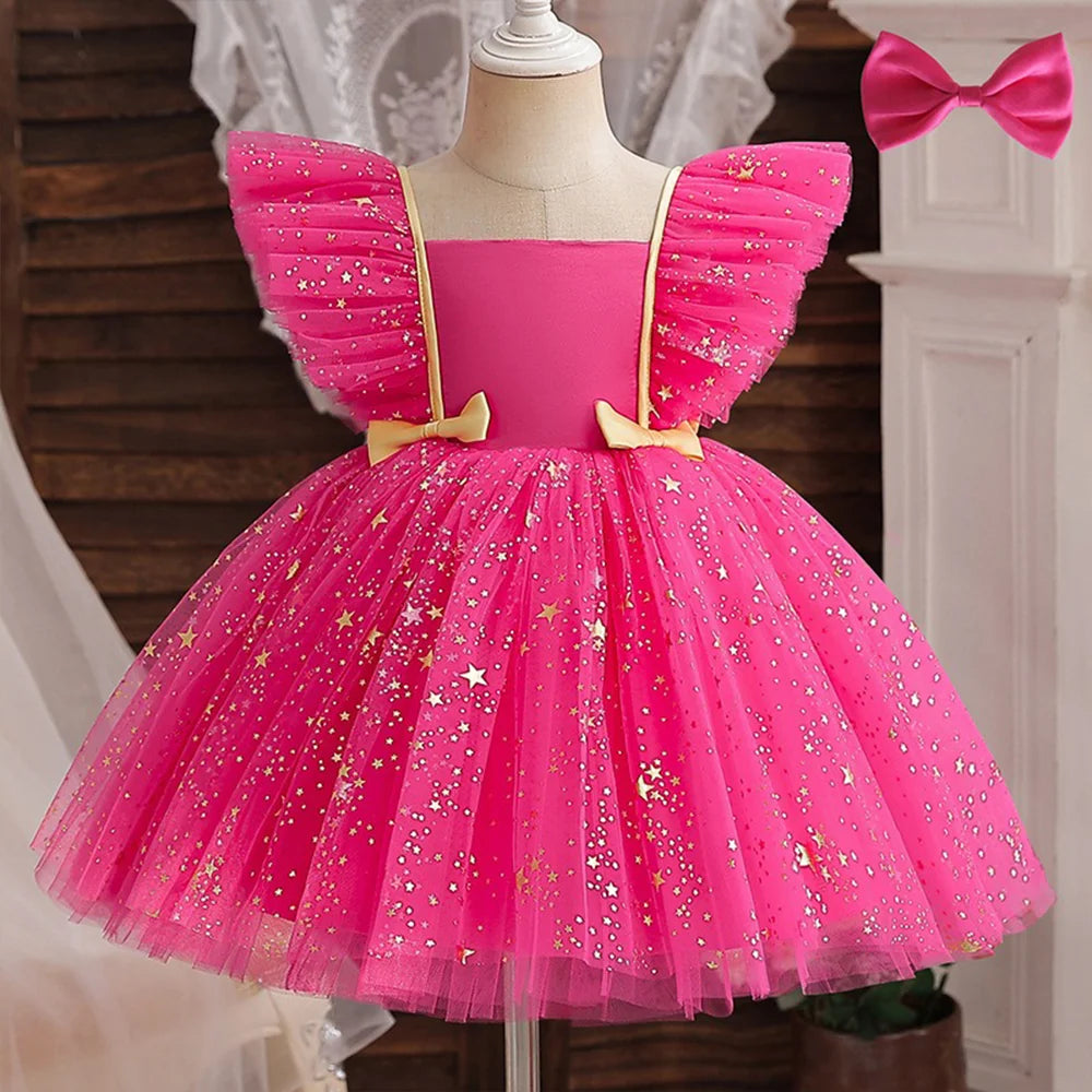 Mickey Minnie Mouse Princess Dress for Girls Sequined Star Ruffle Bow Tutu Baby Formal Gala Prom Gown Kids Evening Party Costume