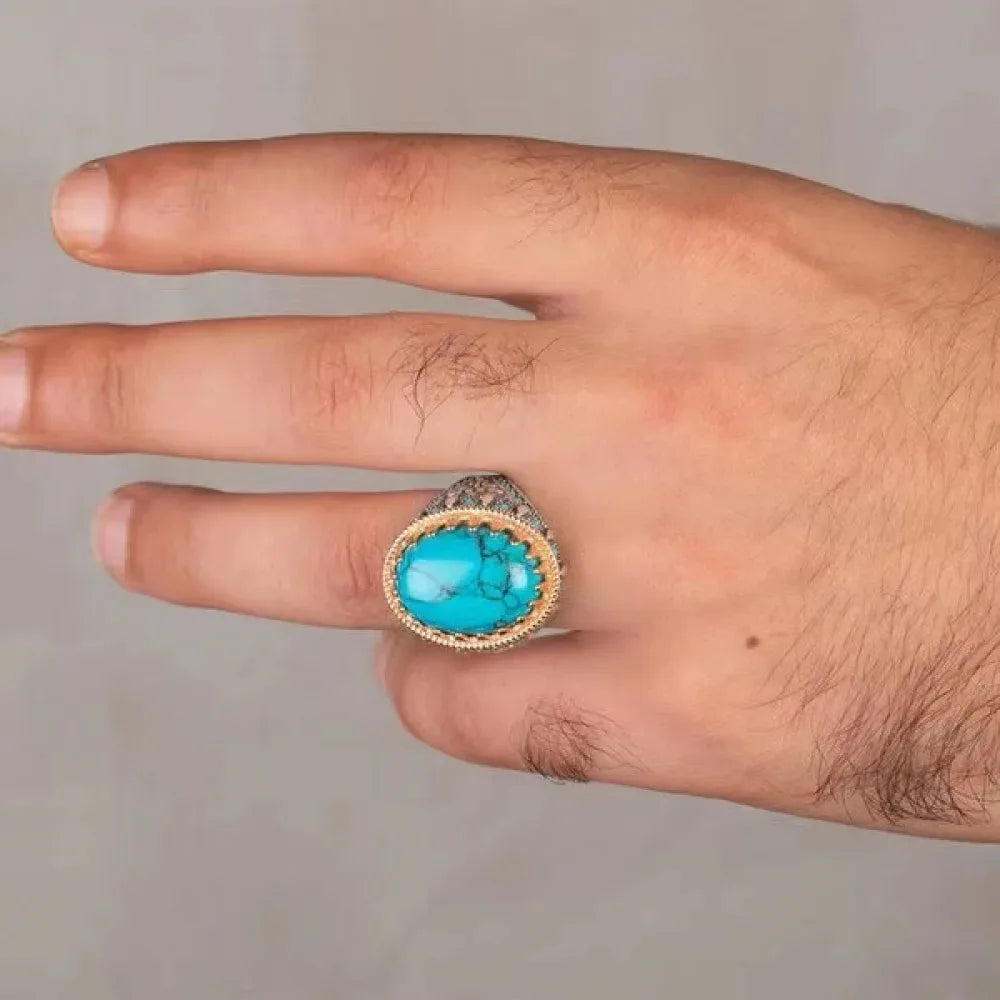 Retro Handmade Turkish Signet Ring Vintage Men's Ancient Metal Turquoise Zircon Rings Men Wedding Party Punk Motor Biker Jewelry