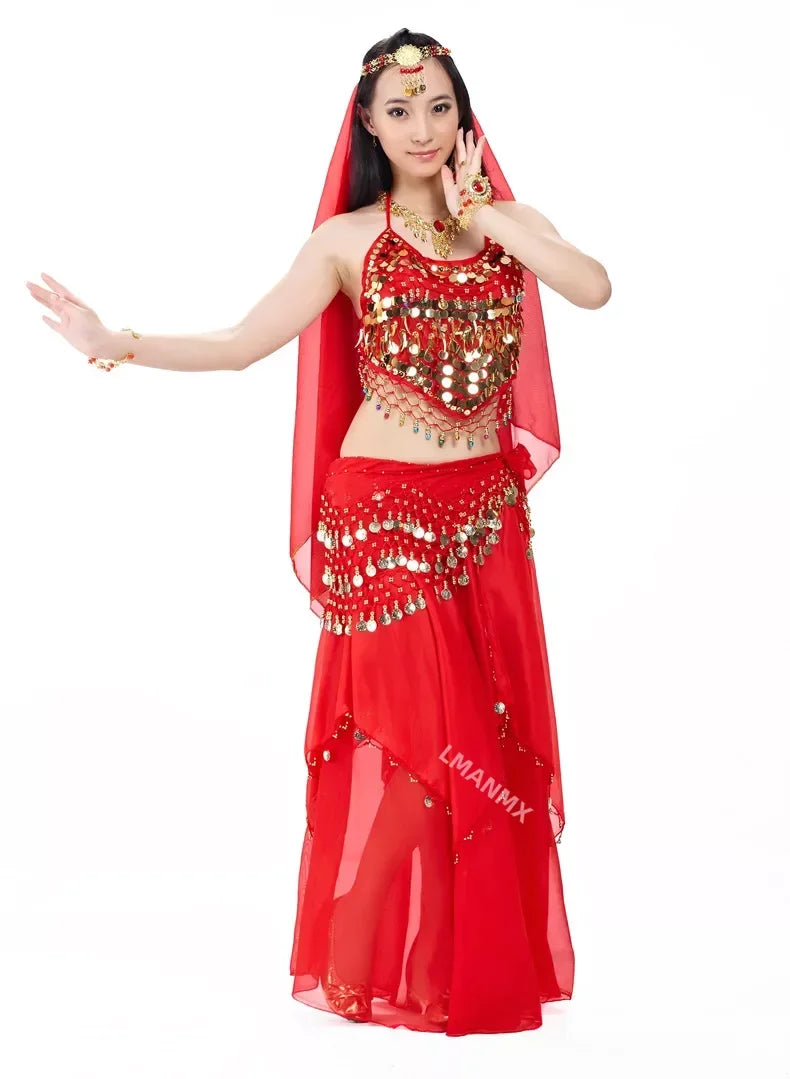 Indian Costume Set 4-pieces Belly Dance Veil Top Coins Hip Scarf Skirt Belly Dance Costume Women