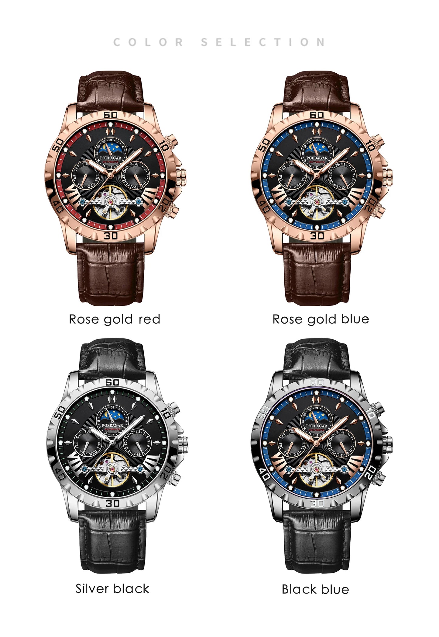 POEDAGAR Luxury Automatic Mechanical Wristwatch Waterproof Luminous Date Week Tourbillon Leather Men Watch Men's Fashion Watches