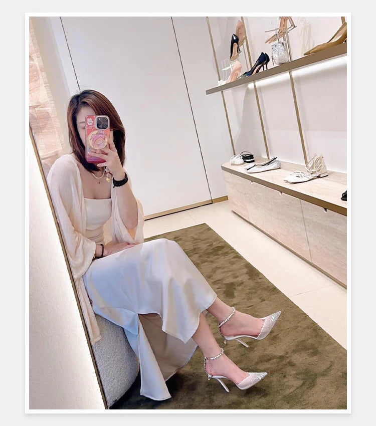 2025 New Mesh Hot Drilled Sexy Versatile Pointed Shallow Mouth Water Diamond Chain High Heels Baotou Sandals for Women