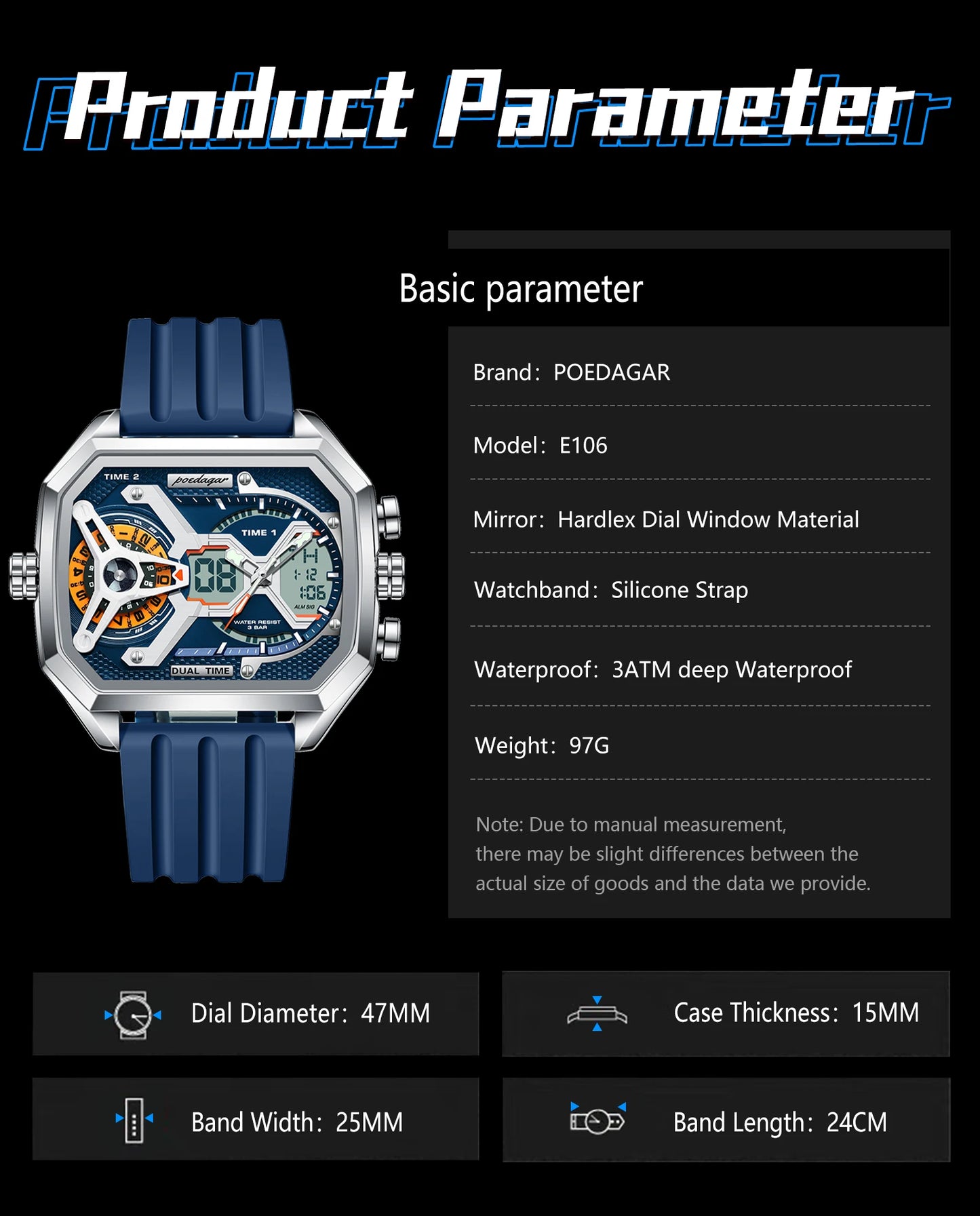 POEDAGAR Top Luxury Men Clock Date Week Luminous LED Man Watch Silicone Strap Electronic Dual Time Fashion Men's Quartz Watches