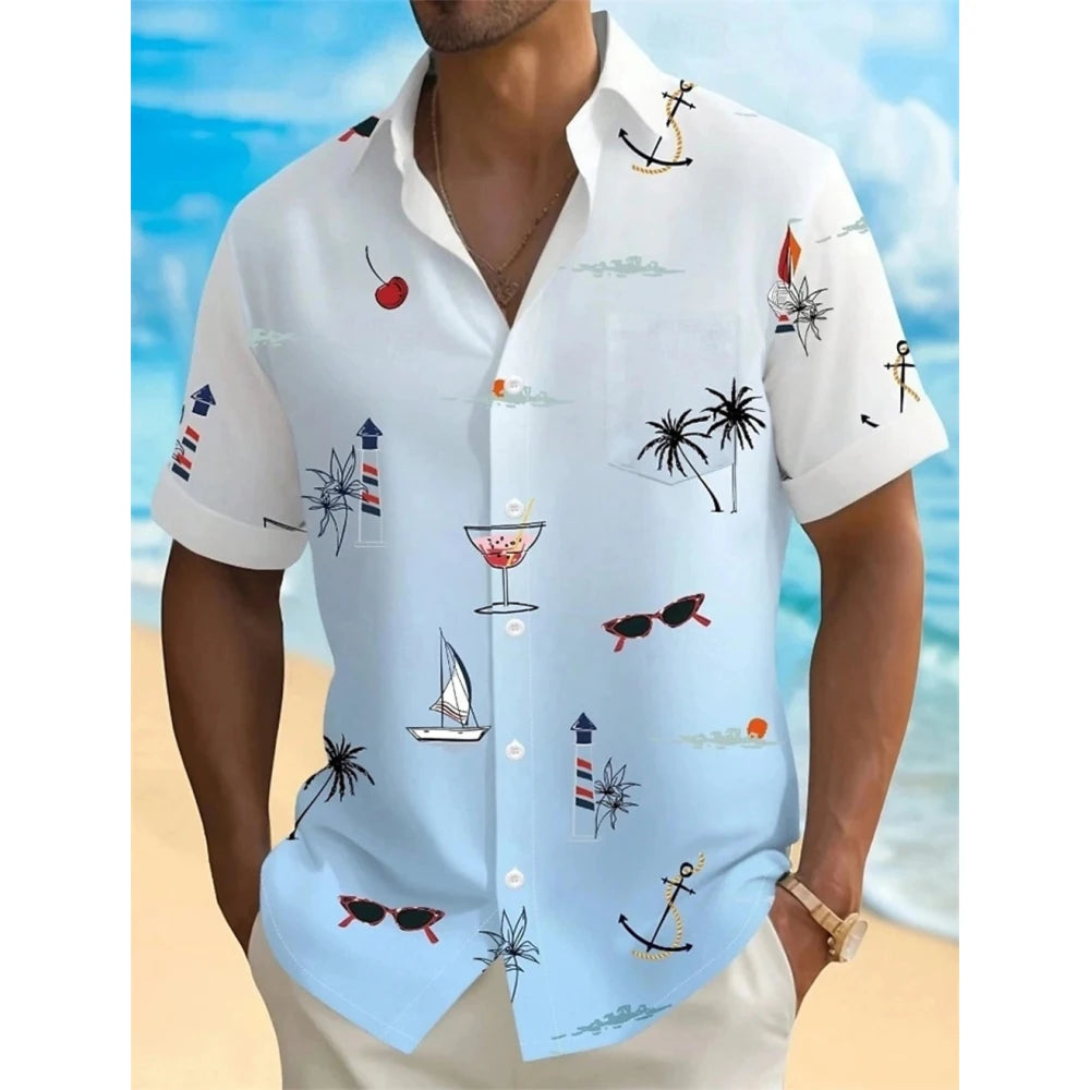 Hawaiian Men's Coconut Palm Tropical Plants Shirt Summer Casual Lapel Short Sleeve Shirts Male Outdoor Travel Oversized Clothing