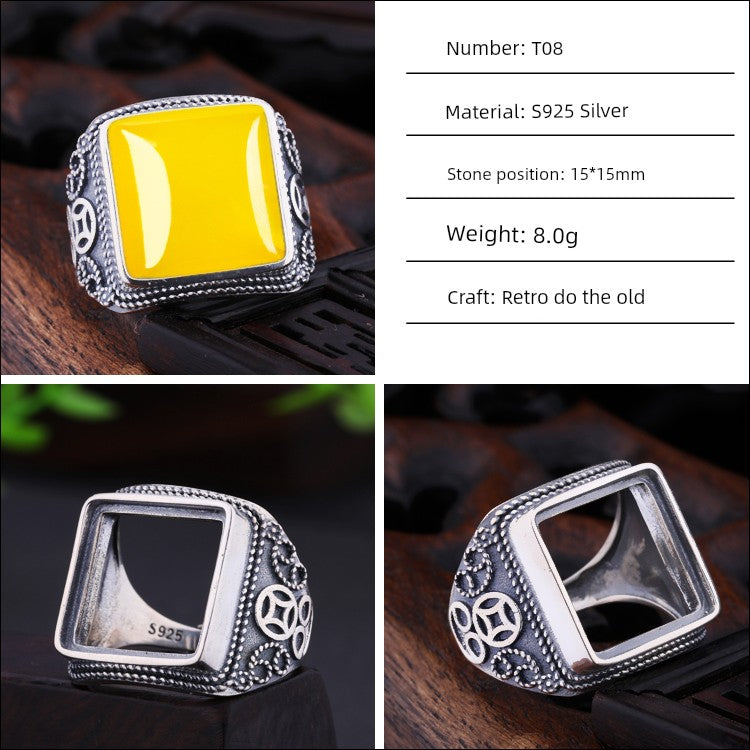 S925 Sterling Silver Ring Frame DIY Inlaid Beeswax Turquoise Amber South Red Ring Gem Opening Men Square Ring Setting