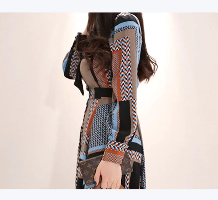 H Han Queen Vintage Print Elegant Long Dress Women Spring Single-breasted Shirt Dresses Waist Swing Ankle-length Vestidos