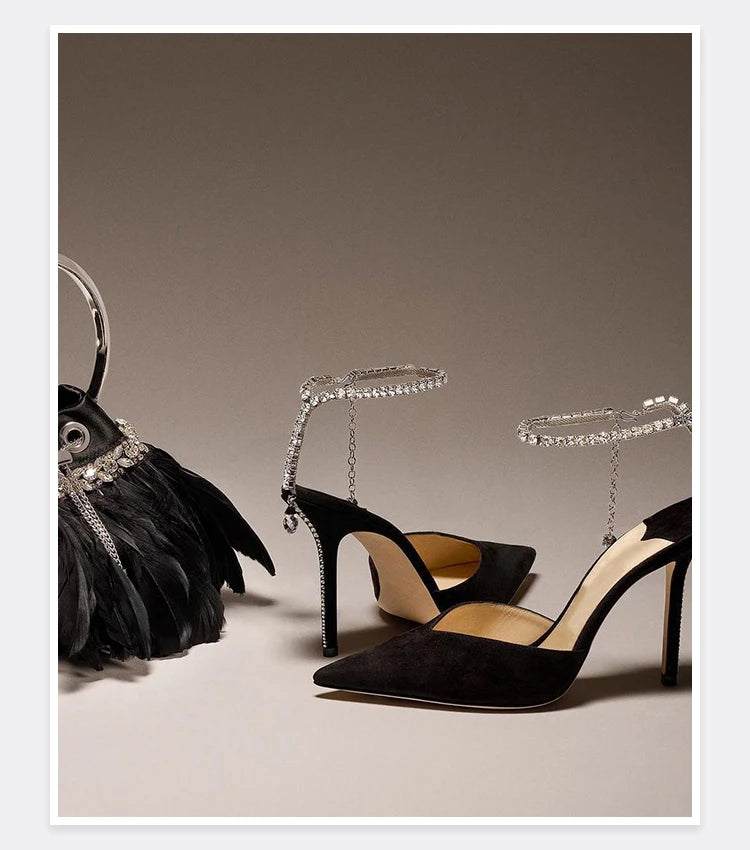 2025 New Mesh Hot Drilled Sexy Versatile Pointed Shallow Mouth Water Diamond Chain High Heels Baotou Sandals for Women