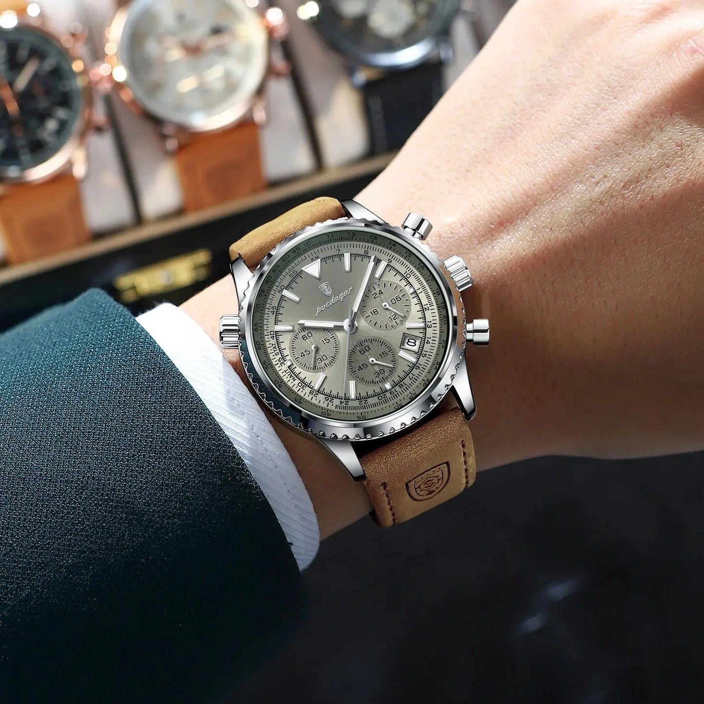 POEDAGAR Fashion High Quality Men Clock Chronograph Waterproof Luminous Calendar Man Wristwatch Leather Quartz Men's Watches+Box