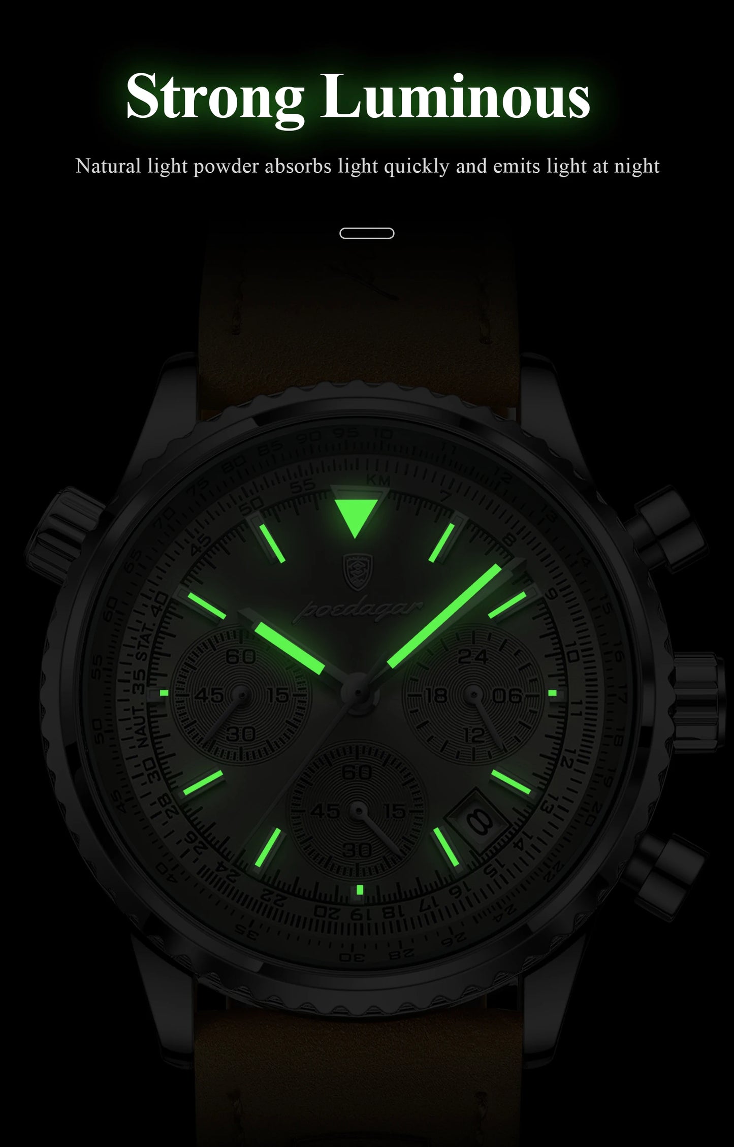 POEDAGAR Fashion High Quality Men Clock Chronograph Waterproof Luminous Calendar Man Wristwatch Leather Quartz Men's Watches+Box