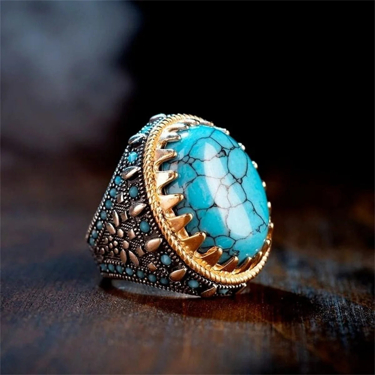 Retro Handmade Turkish Signet Ring Vintage Men's Ancient Metal Turquoise Zircon Rings Men Wedding Party Punk Motor Biker Jewelry