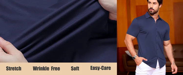 High Quality Summer Business Shirts For Men Short Sleeve Button Wrinkle Free Elasticity Social Black Office Dress Shirts US Size