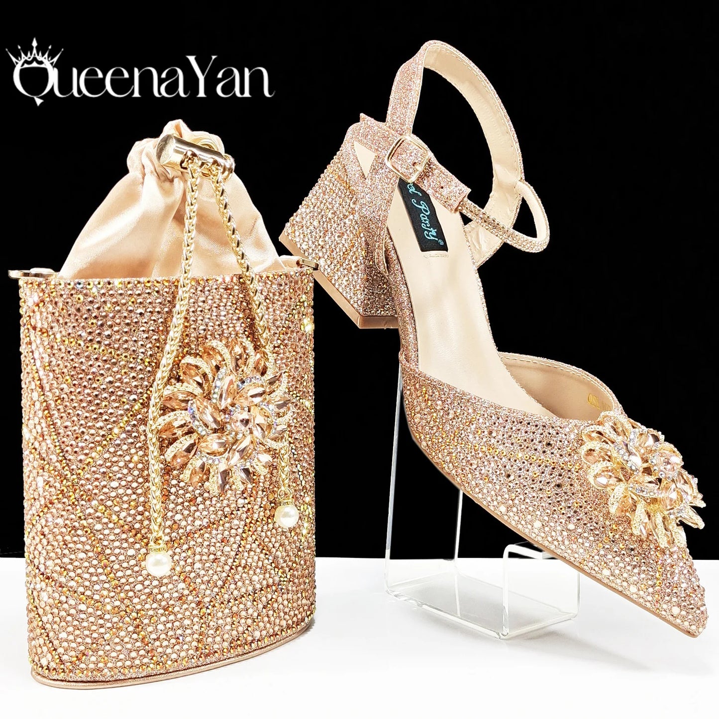 QueenaYan African Ladies Elegant Pointed Toe Shoes with shiny Metal Stand Bag Women Party Shoes or Commuting Shoes and Bag Set