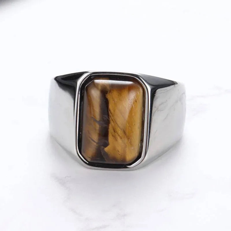 Natural Gemstone Tiger Eye Signet Ring Stainless Steel Waterproof Handmade Jewellery Rings for Men Women Father Boyfriend Gift