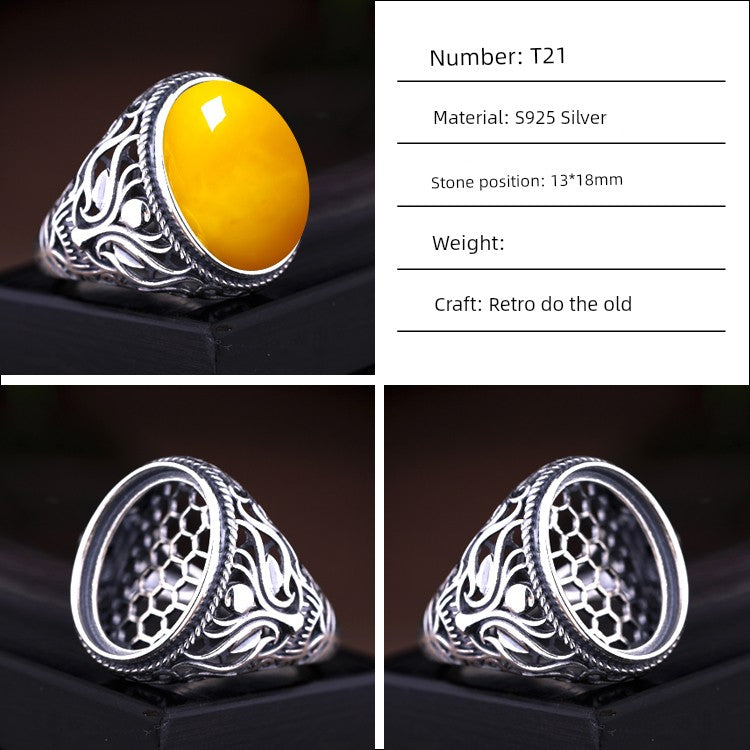 S925 Sterling Silver Ring Frame DIY Inlaid Beeswax Turquoise Amber South Red Ring Gem Opening Men Square Ring Setting