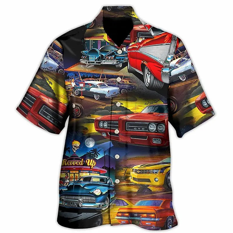 Hawaiian Shirt Car 3d Printed Shirts Men's Women's Beach Blouse Men's Vocation Lapel Shirts Cuba Camisas Men's Clothing
